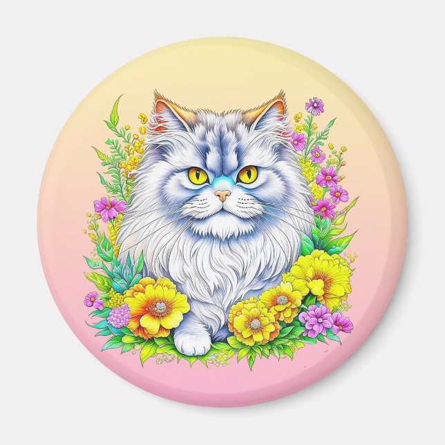 Íman Gato Persa em Flores Amarelas e Rosa (Frente)
