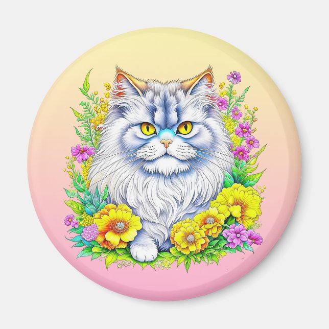 Íman Gato Persa em Flores Personalizado (Frente)