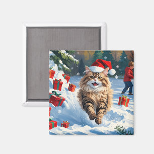 Íman Gato Persa Sentado na Neve com Chapéu de Natal