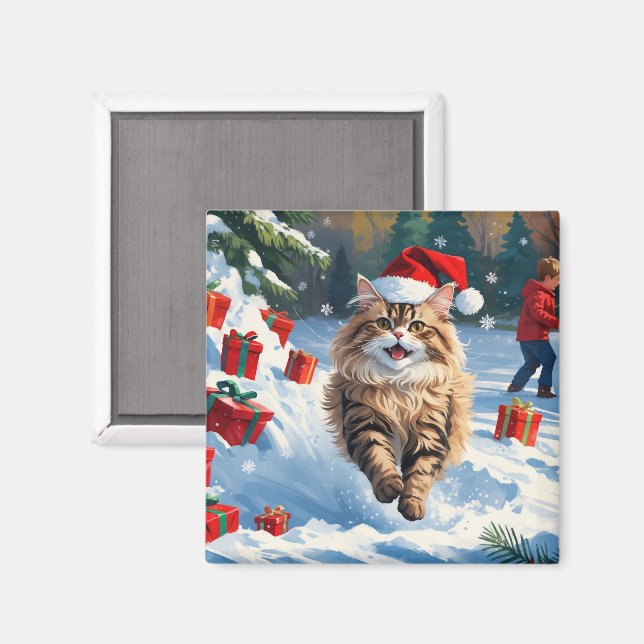 Íman Gato Persa Sentado na Neve com Chapéu de Natal (Front/Back)