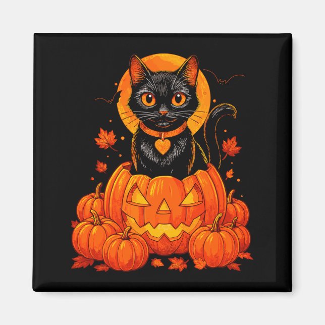 Íman Gato Preto Abóbora Lua Halloween Outono (Frente)