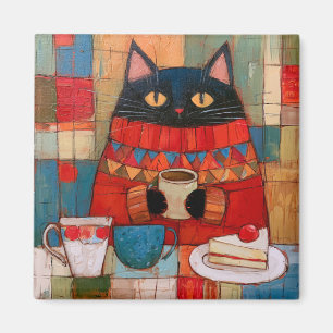 Íman Gato Preto Aconchegante Bebendo Café No Café