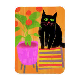 Íman Gato Preto Adorável Com Plantas Domésticas
