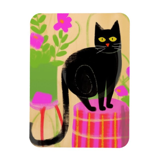 Íman Gato Preto Adorável Com Plantas Domésticas (Vertical)