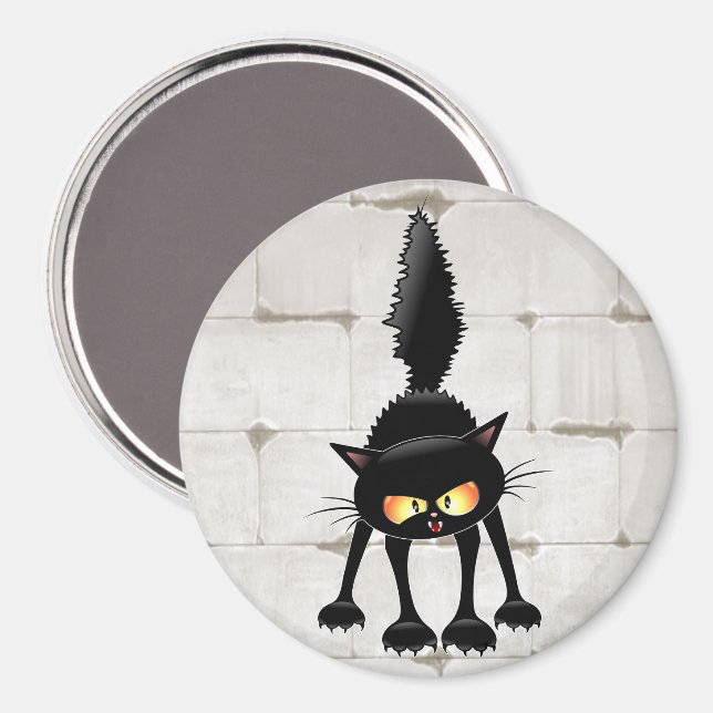 Íman Gato Preto Cartoon Engraçado e Feroz  (Front/Back)