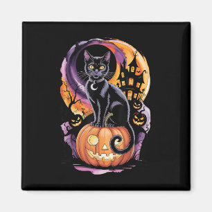 Íman Gato Preto Com Abóboras Sob Lua Cheia No Halloween