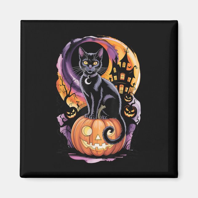 Íman Gato Preto Com Abóboras Sob Lua Cheia No Halloween (Frente)