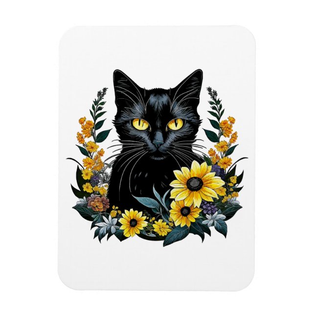 Íman gato preto com flores (Vertical)