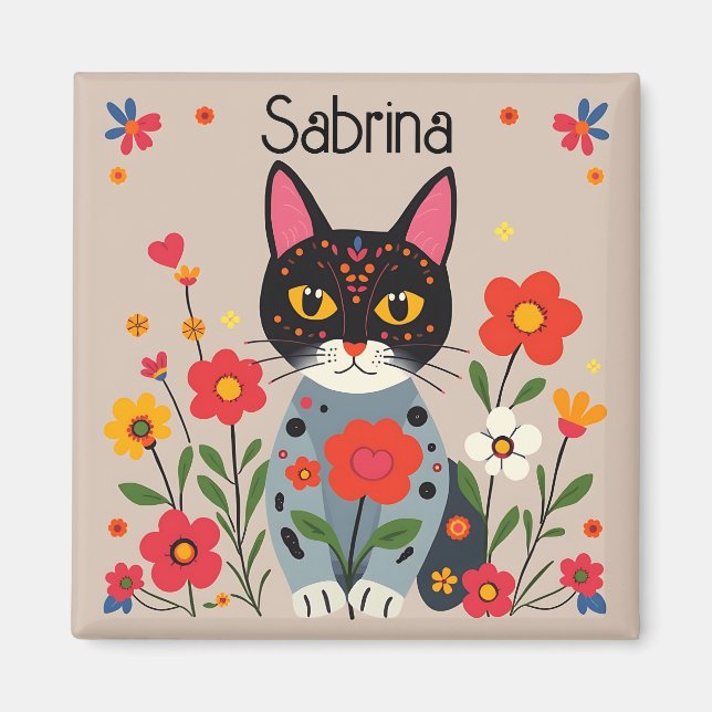 Íman Gato preto de arte popular e flores personalizadas (Frente)