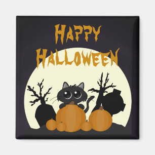 Íman Gato Preto de Halloween com Pumpkins num Cemitéri