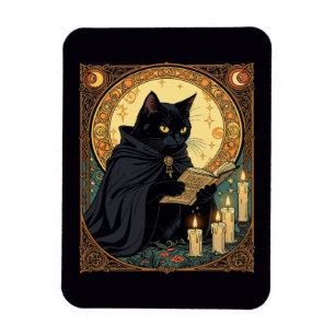 Íman Gato Preto de Halloween Lendo um Livro