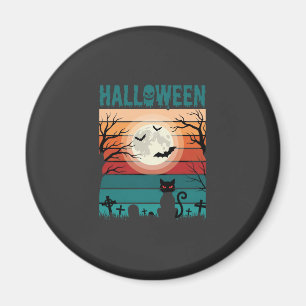 Íman Gato Preto De Halloween Lua Cemitério Vetor Retro 