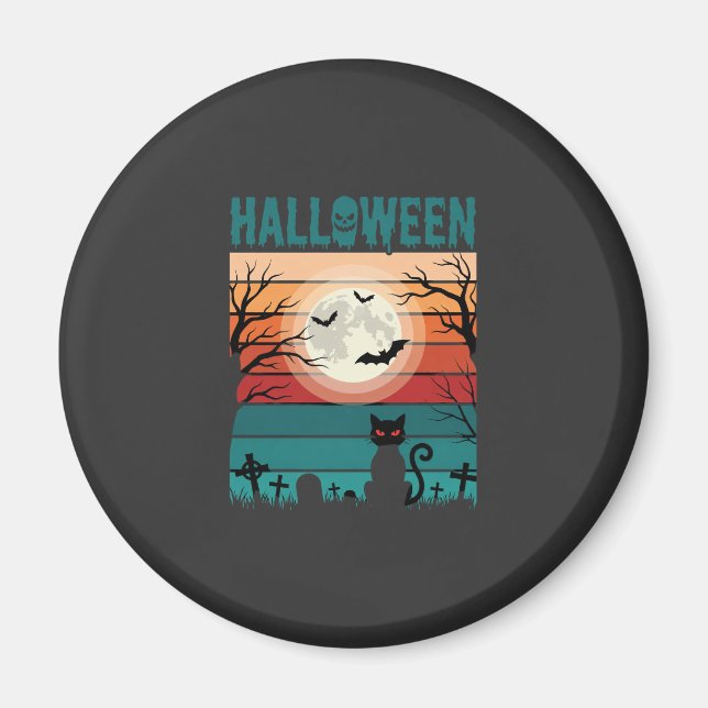 Íman Gato Preto De Halloween Lua Cemitério Vetor Retro  (Frente)