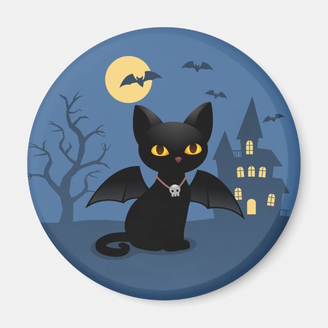 Íman Gato Preto de Vampiro de Halloween com Asas (Frente)