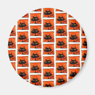 Íman Gato Preto do Halloween Quadrados Laranja Desenho