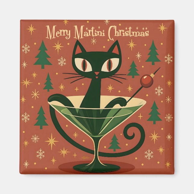 Íman Gato Preto do Meio do Século Feliz Martini Natal (Frente)
