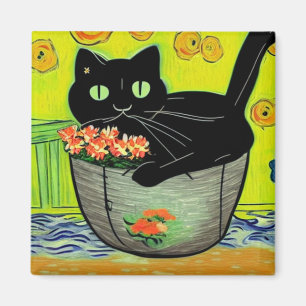 Íman Gato Preto em Pote Flor