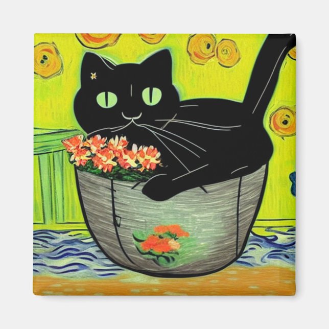 Íman Gato Preto em Pote Flor (Frente)
