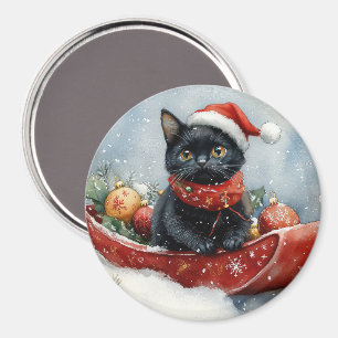 Íman Gato Preto em Trenó Deixe Nevar Natal
