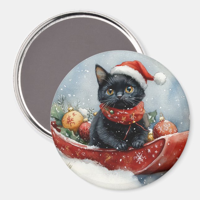 Íman Gato Preto em Trenó Deixe Nevar Natal (Front/Back)