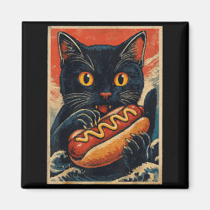 Íman Gato Preto Engraçado Comendo Cachorro Quente Japon