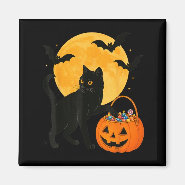 Íman Gato Preto Engraçado de Halloween com Abóbora e Do (Frente)