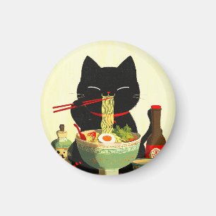 Íman Gato Preto Feliz Comendo Ramen Ukiyo-e Japonês