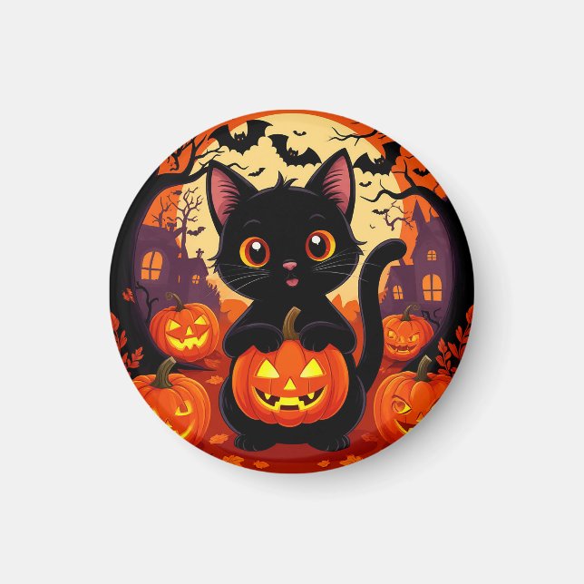 Íman Gato Preto Fofo com Abóboras de Halloween (Frente)
