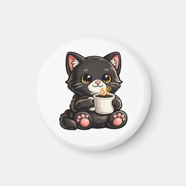 Íman Gato Preto Fofo com Café (Frente)