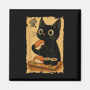 Íman Gato Preto Fofo Kawaii Comendo Sushi Japonês Engra