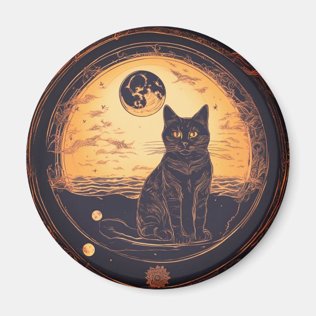 Íman gato preto & lua "dourada" (Frente)