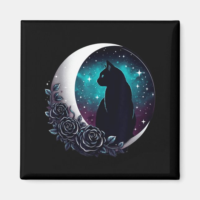 Íman Gato Preto Místico Com Lua E Rosas Celestiais (Frente)