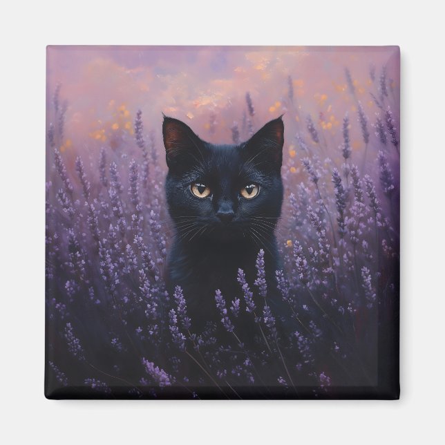 Íman Gato Preto numa Ilustração de Campo de Lavanda (Frente)