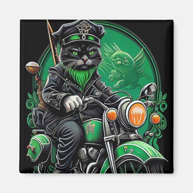 Íman Gato preto pilotando bicicleta no Dia de São Patrí (Frente)
