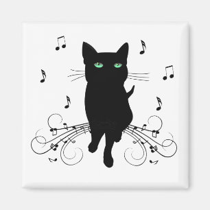 Íman Gato Preto Rodeado por Notas Musicais Sussurrantes