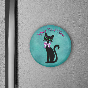 Íman Gato preto sentado bonito Laço Rosa Olhos Verdes A