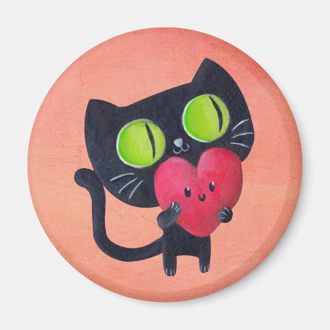 Íman Gato Romântico abraçando Coração Vermelho Cute (Frente)