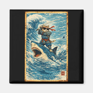Íman Gato Samurai Montando Tubarão Onda Retro Guerreiro