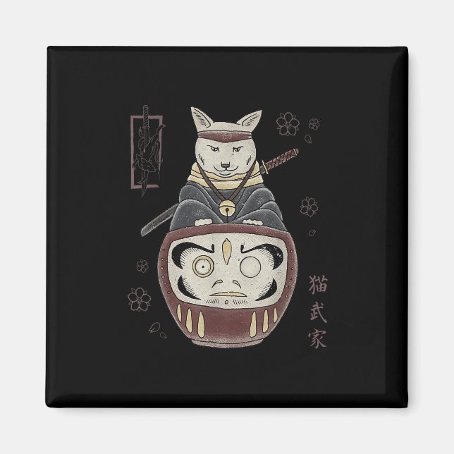 Íman Gato Samurai Ninja Japonês Sobre Daruma Tradiciona (Frente)