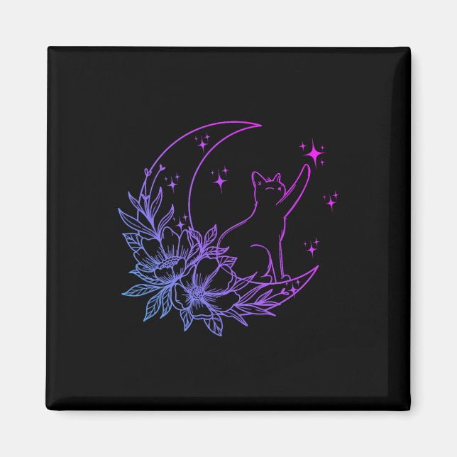 Íman Gato Sentado No Crescente Flor Da Lua Estrelas Mul (Frente)
