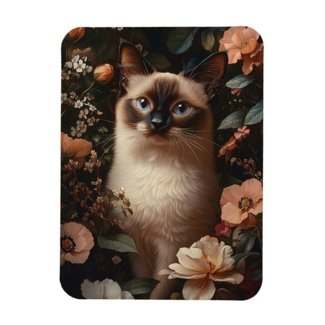 Íman Gato Siamês Cercado Por Flores Rosa Flexíveis (Vertical)