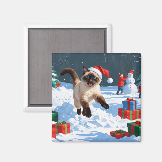 Íman Gato Siames Correndo na Neve com Chapéu de Natal (Front/Back)