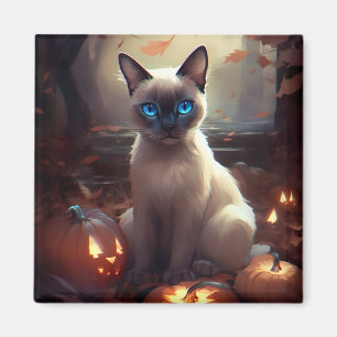 Íman Gato Siames de Halloween com Abóboras Assustador