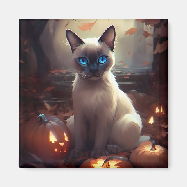 Íman Gato Siames de Halloween com Abóboras Assustador  (Frente)
