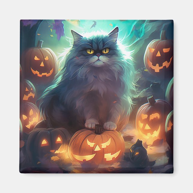 Íman Gato Siberiano de Halloween com Abóboras Assustado (Frente)
