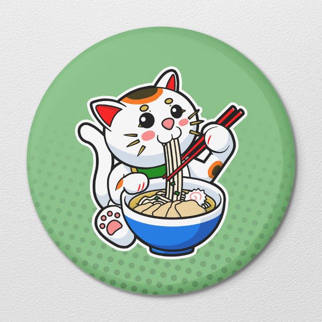 Íman Gato Sortudo Japonês Feasting on Ramen (Lucky Cat Ramen Magnet- Refrigerator View)