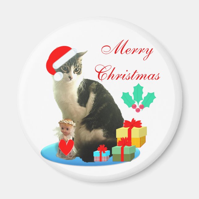 Íman Gato tabby de Natal, anjinho & presentes (Frente)