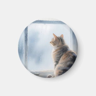 Íman Gato Tabby em Aquarela na Janela Chuvosa