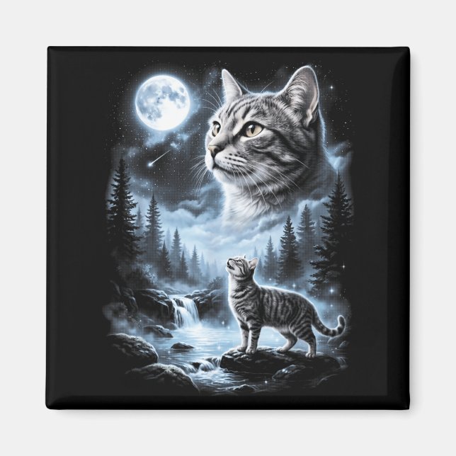 Íman Gato Tabby Gato Uivando Para a Lua 90s Retro (Frente)