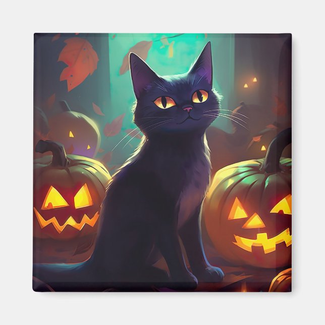 Íman Gato Tuxedo de Halloween com Abóboras Assustador (Frente)